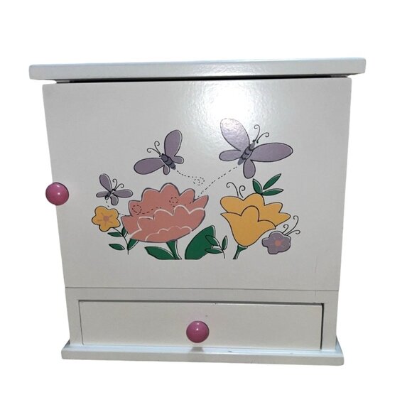 Open Front Wooden Jewelry Box Chest for Girls 8" x 8" Flowers & Butterflies with - Picture 3 of 16